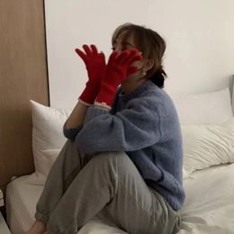 Cinco dedos Guantes Coreano Pantalla táctil Punto Invierno Mujeres Retro Color Sólido Split Dedo Espesar Cálido Estudiante Montar Mitten Al aire libre 231205