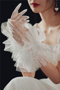 Guantes de cinco dedos Perlas cortas de encaje Guantes de novia Muñequera Guante de boda para mujer Chica Fiesta Vestido de noche Joyería Novias Accesorios 230210