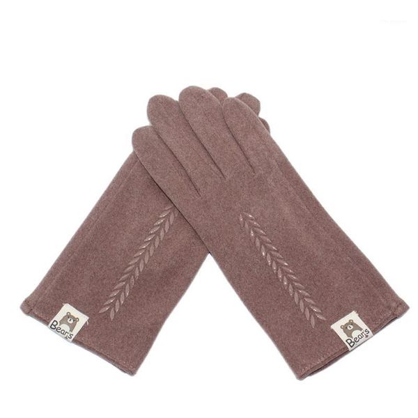 Cinco dedos Guantes Lady Otoño Mantener caliente Pantalla táctil Pegamento Orejas de trigo Oso Etiqueta de tela Guante para mujeres Terciopelo ligero al aire libre A prueba de viento Winte