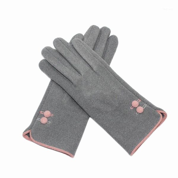 Guantes de cinco dedos Lady Winter Autumn Keep Warm Pantalla táctil Botón vertical Guante para mujeres Thin Light Outdoor Windproof Reto Double Embro