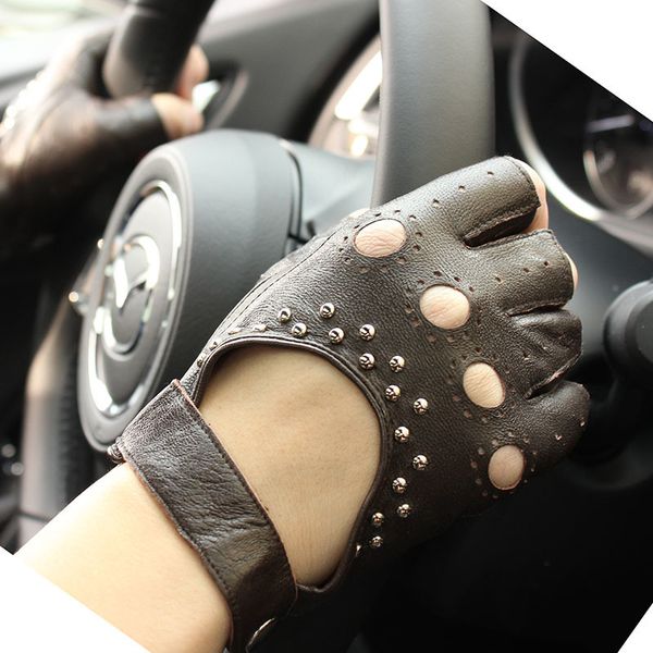 Gants à cinq doigts en cuir demi-doigt court section mince sans doublure printemps et automne moto équitation dames conduite sans doigts 230925