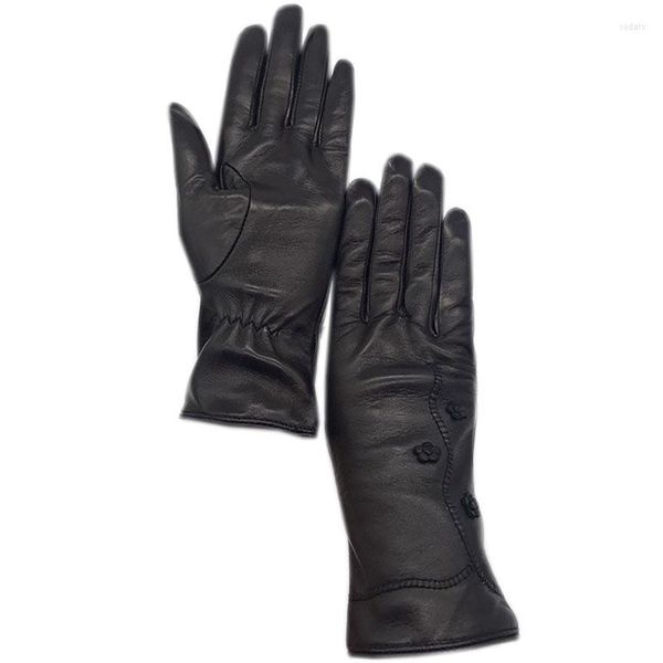 Guantes de cinco dedos Cuero Invierno Mujer Moda Piel de oveja Negro Para mantener el calor Conducción genuina Piel de cordero Motocicleta