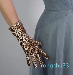 Cinq doigts gants léopard long 40cm cuir verni émulation brun brillant guépard motif animal femme