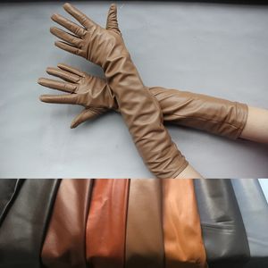 Cinq doigts gants gants longs hiver gants en cuir de peau de mouton femmes mitaines en cuir véritable femme longue stylebras manches marron dame mode 231113