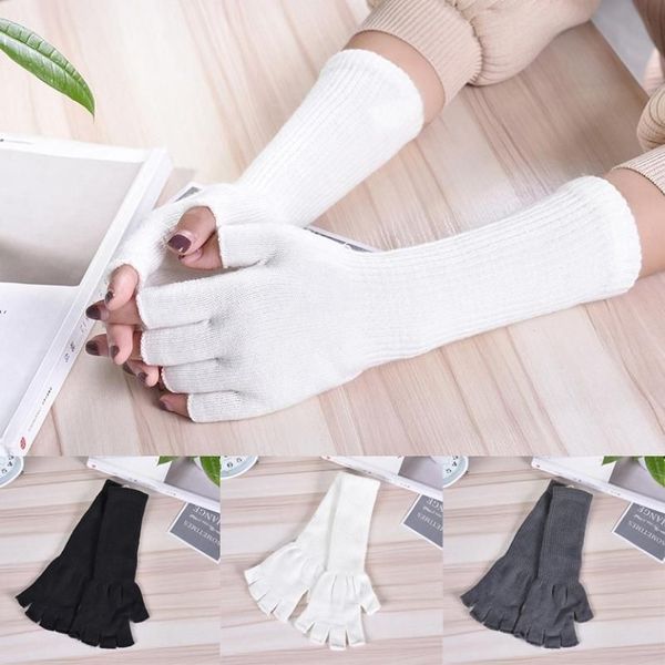 Cinq doigts gants longs tricotés demi-doigt femmes filles printemps automne hiver chauffe-bras pur blanc noir gris coude 228q