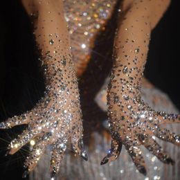 Cinq Doigts Gants Luxueux Stretch Femmes Sparkly Crystal Mesh Long Dancer Singer Discothèque Dance Stage Show Accessoires 221018