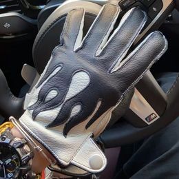Cinq doigts gants luxe locomotive rétro sport gants en cuir hommes hiver 100% peau de cerf écran tactile doublé polaire chaud blanc mitaines cadeau 230906