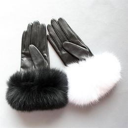 Cinq doigts gants Maylofuer véritable peau de mouton en cuir écran tactile poignets de cheveux femmes chaud en hiver Black344u