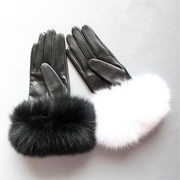 Cinq doigts gants Maylofuer véritable peau de mouton en cuir écran tactile poignets de cheveux femmes chaud en hiver noir233d