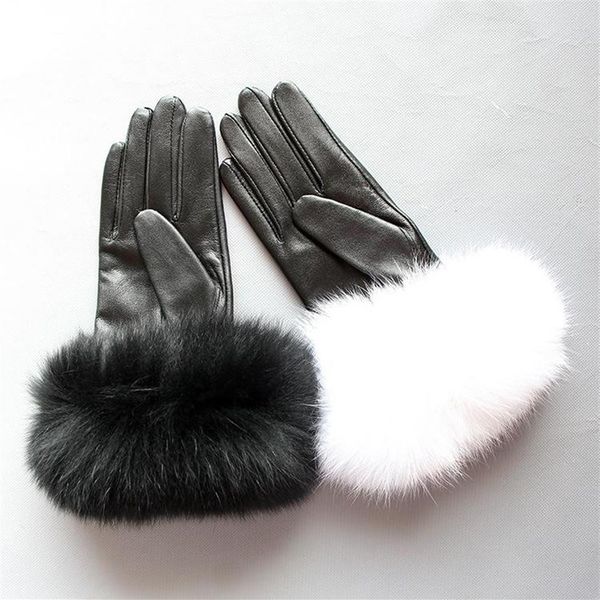 Cinco dedos Guantes Maylofuer Cuero de piel de oveja genuina Pantalla táctil Puños de pelo Mujeres Cálidas en invierno Black344u