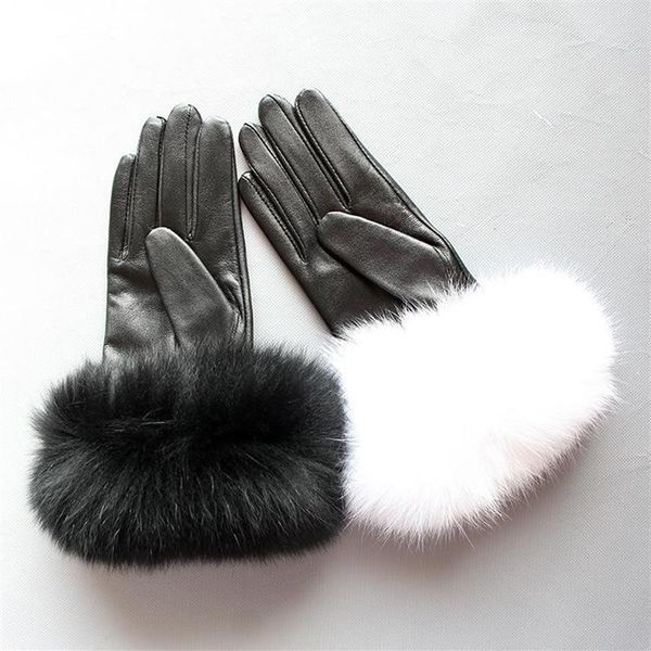 Guantes de cinco dedos Maylofuer Piel de oveja genuina Pantalla táctil Puños para el cabello Mujeres Cálido en invierno Black313p