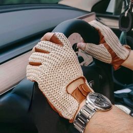 Vijf Vingers Handschoenen Mannen Rijden motorfiets locomotief Half Vinger Schapenvacht Gebreid Leer Mannelijke Autohandschoenen guantes de trabajo 230925