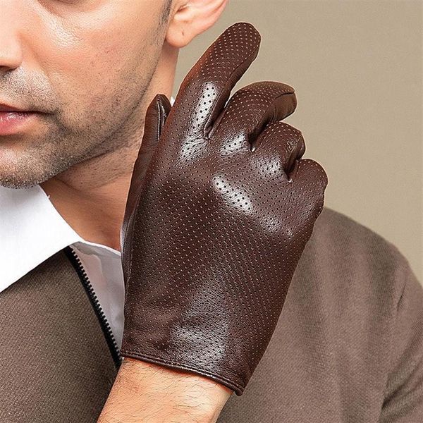 Guantes de cinco dedos para hombre, Otoño Invierno, ahuecados, de cuero genuino, piel de oveja Natural para hombre, guante de conducción fino con pantalla táctil R035164c