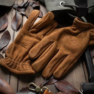 Gants à cinq doigts Gants en cuir véritable givré pour hommes Hommes Moto Équitation Doigt complet Gants d'hiver avec fourrure Vintage Cuir de vachette marron NR65 231123