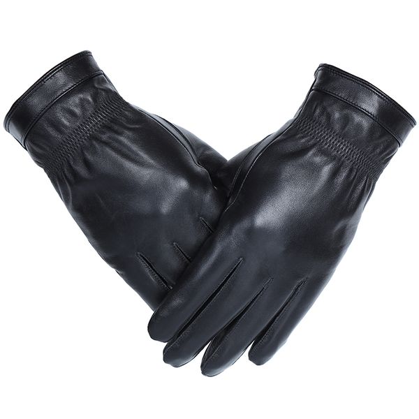 Guantes de cinco dedos para hombre, de piel auténtica, de piel de oveja auténtica, con botones negros, forro de lana, mitones cálidos para invierno