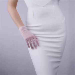 Guantes de cinco dedos Hilo de malla 20 cm Estilo corto Encaje Gasa fina Belleza blanca Vestido de noche vintage Función táctil Mujer