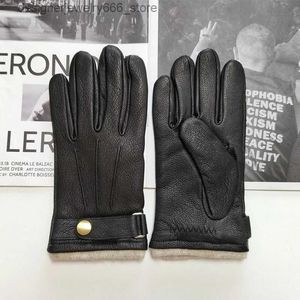Gants à cinq doigts Nouveaux gants de conduite arqués en peau de cerf pour hommes avec doublure tricotée en laine chaude et respirante et gants en cuir de velours corail Q231206