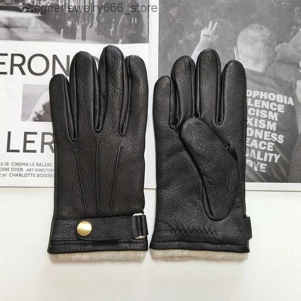 Guantes de cinco dedos Guantes de conducción arqueados de piel de venado para hombres nuevos con forro de punto de lana cálido y transpirable y guantes de cuero de terciopelo coral Q231206