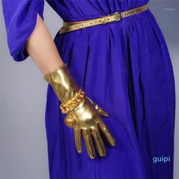 Cinq doigts gants en cuir breveté 28cm de longueur moyenne miroir super lumineux Gold Elastic PU Simulation QPJS281257O