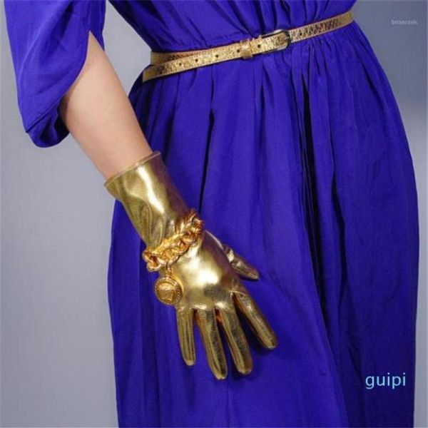 Guantes de cinco dedos Charol 28 cm Longitud media Super brillante Espejo Oro Elástico PU Simulación QPJS2817998336252q