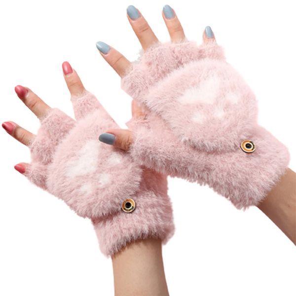 Gants à cinq doigts en peluche Kawaii gants de patte de chat isolation thermique gants chauds convertibles sans doigts pour l'hiver par temps froid 231118