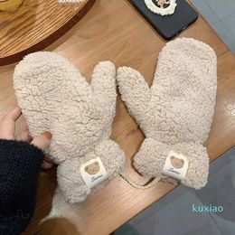 Cinq doigts gants en peluche chaud doux hiver épais sans doigts coréen ours japonais avec des cordes décontracté en plein air mitaines d'équitation chaud