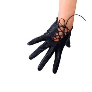 Cinq doigts gants en peau de mouton pur femme Style court cordes rétro évider noir en cuir véritable femmes écran tactile ZP49