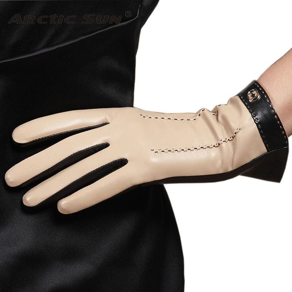 Cinq Doigts Gants Gants En Cuir Véritable Mode Féminine Deux Tons Écran Tactile En Peau De Mouton Chaud En Peluche Doublé Femmes Gants De Conduite Dames L169NC2 230210