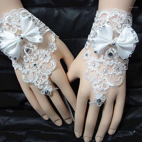 Guantes de cinco dedos, encaje de diamantes de imitación, lazo Floral para novias, lazo blanco corto sin dedos, accesorios de boda