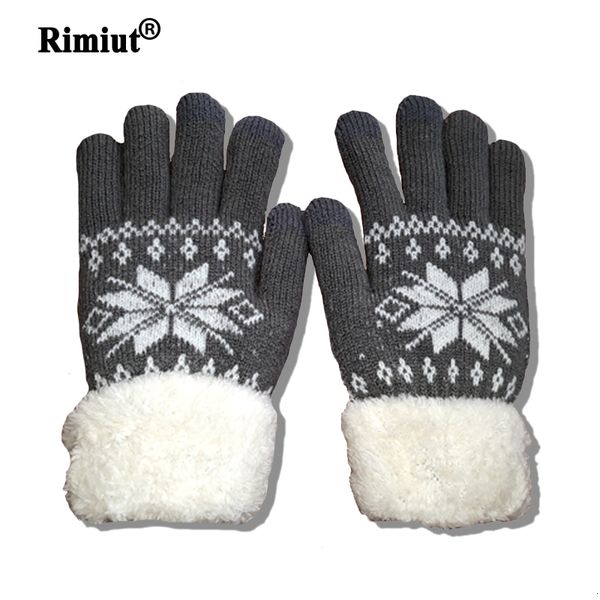 Cinq doigts gants Rimiut épais cachemire deux couches hiver pour femmes flocon de neige tricoté motif doigt complet ski écran tactile gant 230909