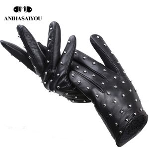 Cinq doigts gants rivets en cuir véritable en cuir gants pour femmes minces gants d'hiver chauds pour femmes conduisant la moto gants en cuir féminin-7017 220922