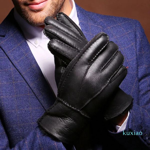 Cinq doigts gants russe hiver super chaud hommes véritable fourrure de mouton mitaines mâle conduite en plein air moto doux coupe-vent