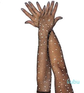 Cinq doigts gants sexy maille élastique avec des diamants flash colorés Bungee Performance de scène creuse pêche Punk Hiphop femmes