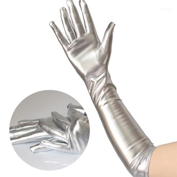 Cinq doigts gants Sexy femmes brillant Long cuir Look humide Latex fête opéra Costume1