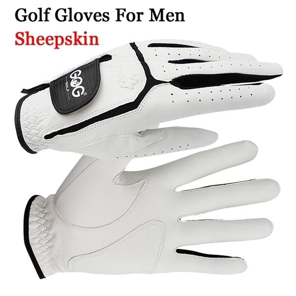 Guantes de cinco dedos Guantes de golf profesionales de piel de oveja de cuero genuino para hombres Guantes de lycra blancos y negros Engrosamiento de palma Regalo para golfista 220909