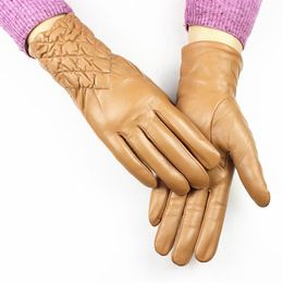 Cinq doigts gants en peau de mouton femmes cuir automne et hiver plus velours chaud champagne brodé style élastique