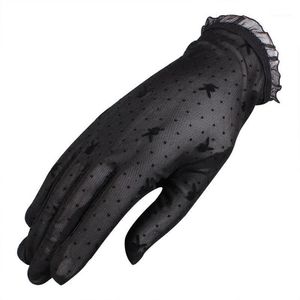Cinq doigts gants été sexy dentelle crème solaire creuse haute élasticité maille respirant court noir élégant mince doux femme lecteur dot gants1