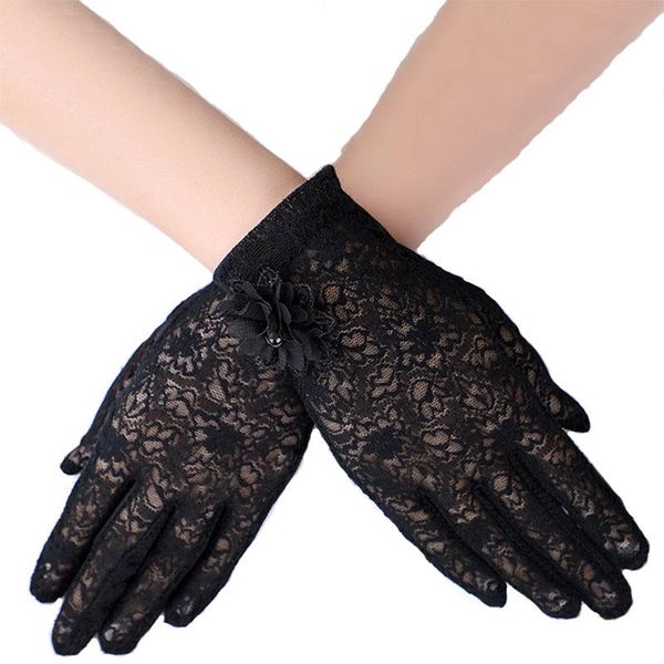 Cinco dedos Guantes Protector solar Damas Verano Conducción y montar Antideslizante Transpirable Encaje Flor grande Pantalla táctil Seda J48