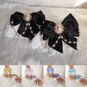 Gants à cinq doigts Doux Lolita Main Poignets Double Couche Dentelle Florale Arc Main Manche Imitation Perle Chaîne Maid Cosplay Fille Partie Main Manche 230712