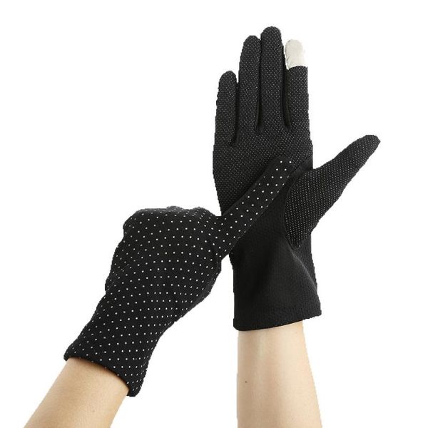 Cinq doigts gants à écran tactile Femmes Soleil Protection du soleil Mittens Dot Elastic Summer Suncreen Lady Cycling Lage sans glissement Glove mince