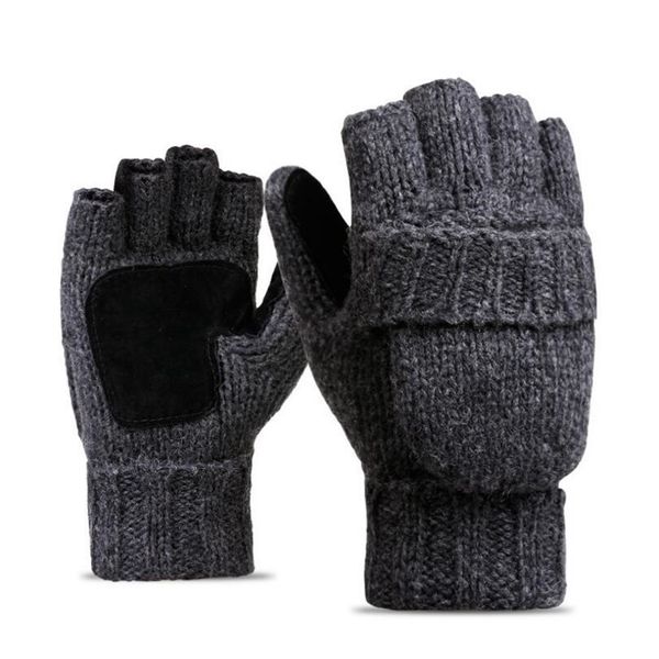 Gants à cinq doigts unisexe plus épais mâle gants sans doigts hommes laine hiver chaud exposé doigt mitaines tricoté chaud flip demi doigt gants 230906