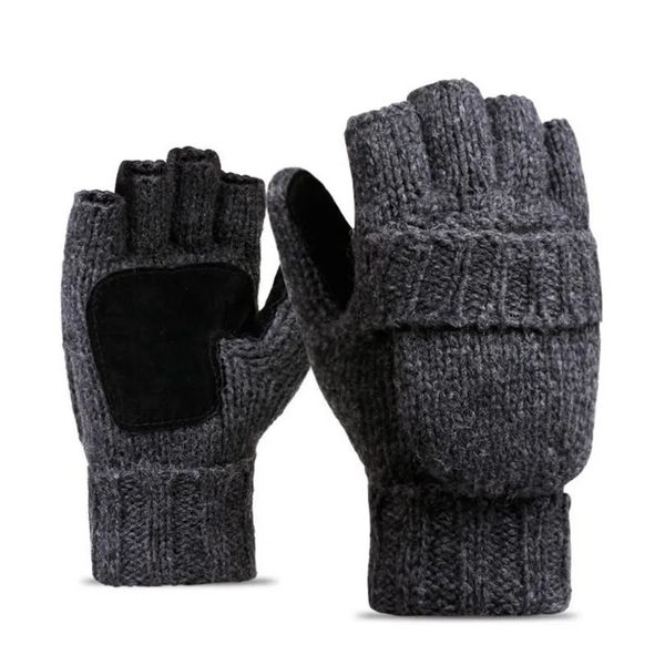 Gants à cinq doigts unisexe plus épais mâle gants sans doigts hommes laine hiver chaud exposé doigt mitaines tricoté chaud flip demi doigt gants 231207