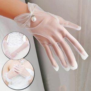 Vijf vingers handschoenen witte bruid jurk mesh bow pearl short kanten bruiloft accessoires feest prom cosplay performance dames