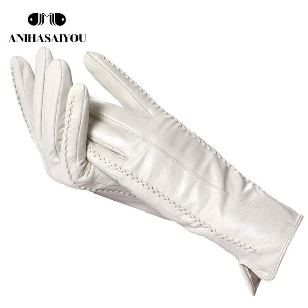 Guantes de cinco dedos de cuero blanco para mujer, cuero genuino, forro de algodón, guantes de cuero de moda cálidos 262C