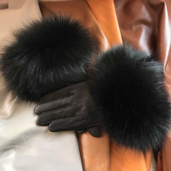 Gants à cinq doigts en gros gants de fourrure de renard hiver femme de luxe style chaud en peau de mouton véritable gants en cuir conduite épaississement mitaine 231115