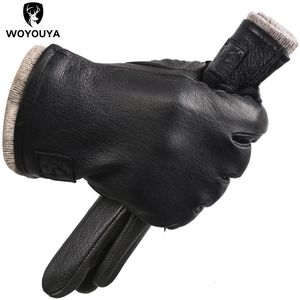 Gants à cinq doigts hiver noir gants pour hommes en cuir véritable garder au chaud gants d'hiver pour hommes gants en cuir pour hommes en peau de cerf simple-8011A 231115