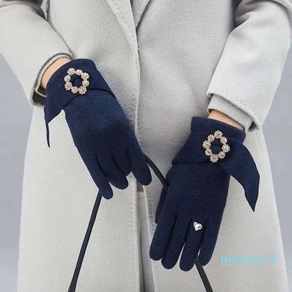 Cinq doigts gants hiver diamants gemme laine tricot chaud écran tactile mitaines femme double couche plus peluche épaisse cachemire conduite gant noir