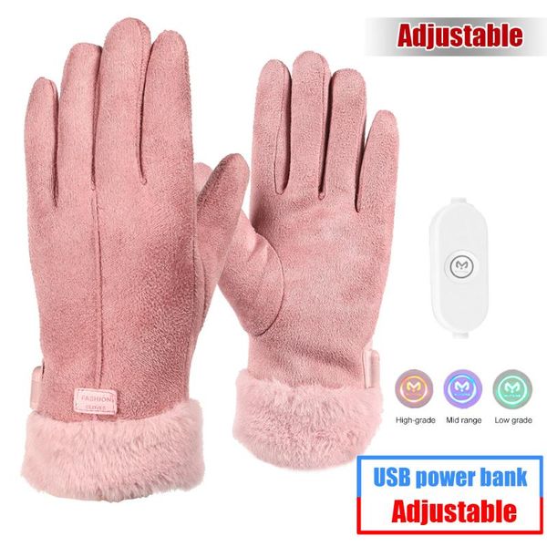 Cinq Doigts Gants Hiver Électrique Chauffant USB Rechargeable Étanche Anti-Froid Cyclisme Sports Écran Tactile Main Chaude Thermique Rose