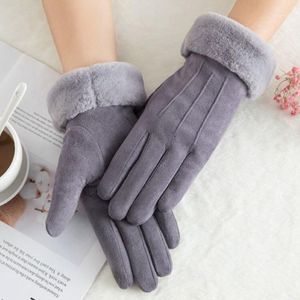 Cinq doigts Gants Hiver Femme Double Épais Peluche Poignet Chaud Cachemire Mignon Cyclisme Mitaines Femmes Daim Cuir Écran Tactile Dri345L