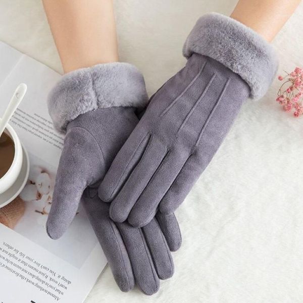 Cinq doigts Gants Hiver Femme Double Épais Peluche Poignet Chaud Cachemire Mignon Cyclisme Mitaines Femmes Daim Cuir Écran Tactile Dri279Q